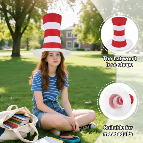 4 PCS Cat Hat Halloween Costume Accessories, Red White Striped Hat/Red Bow Tie/White Gloves for World Book Day Halloween Cosplay and Dress Up