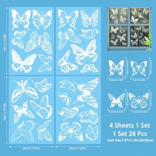 26Pcs Butterfly Static Cling Window Decals 4 Sheets White PVC Removable Reusable Glass Stickers Spring Summer for Home Window Decor Window Clings for Glass Doors Windows