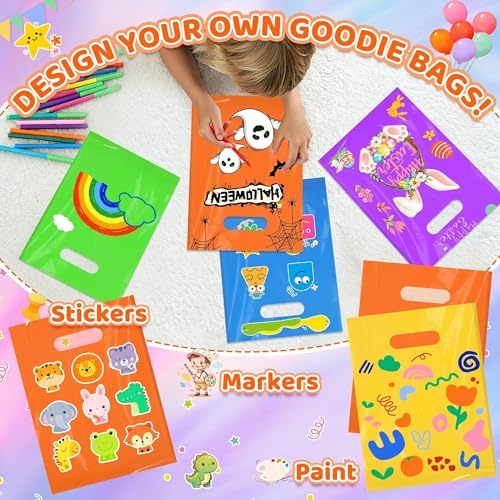 VieFantaisie 50 PCS Orange Party Favor Bags, 8" x 11" Goodie Bags for Candy Treat Craft Easter Egg, Plastic Gift Bag with Die Cut Handles for Birthday Party, School Events & Small Business, Wedding