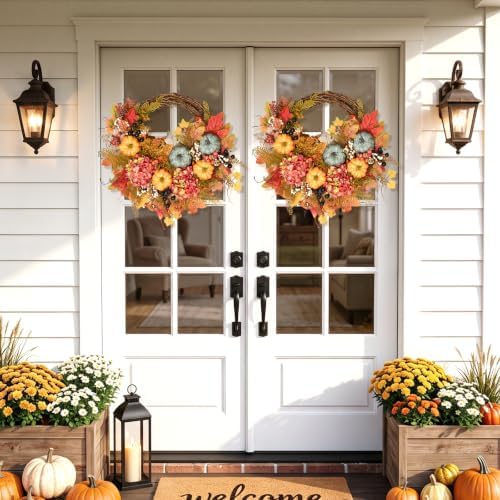 Fall Wreaths for Front Door, Artificial Pumpkin Hydrangea Autumn Wreath