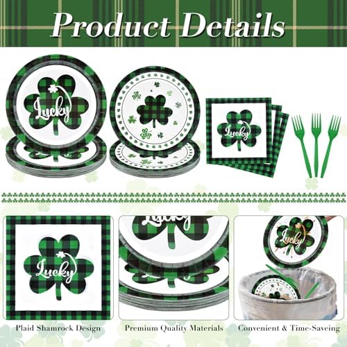 96 Pieces St. Patrick’s Day Tableware Set – Green and Black Plaid Shamrock Disposable Plates, Napkins, and Forks for Irish Party, Lucky Clover Celebration St. Paddy’s Day Dinner – Serves 24 Guests