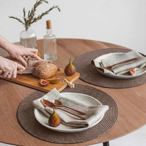 FunWheat Round Braided Placemats Set of 12 Place Mats for Dining Table Woven Washable Non-Slip Table Mats 15 Inch(Brown,12pcs)