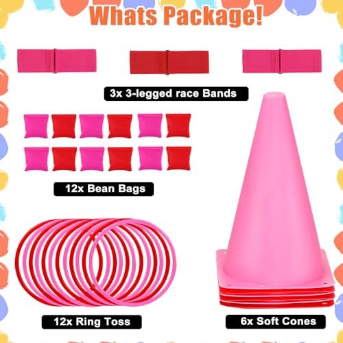 33Pcs Large 4 in 1 Valentines Day Games for Kids with Ring Toss, Plastic Cones, Bean Bags, 3-Legged Race Bands, Carnival Valentine's Games Activity Combo Set for Classroom Indoor Outdoor Party Yard