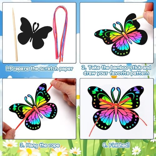 JULMELON 36 PCS Butterfly Scratch Cards, Rainbow Scratch Paper