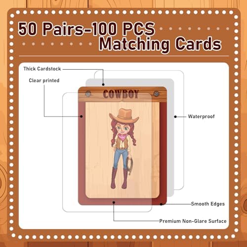 gisgfim 100 PCS Memory Matching Game Cowboy Concentration Memory Card Games for Kids Educational A Fun & Fast Western Party Favor Wild West Theme Matching Games