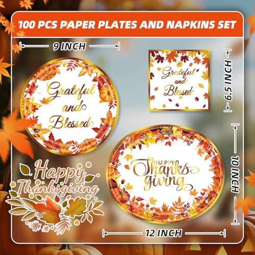 100PCS Thanksgiving Paper Plates and Napkins Set- (25 Guests)