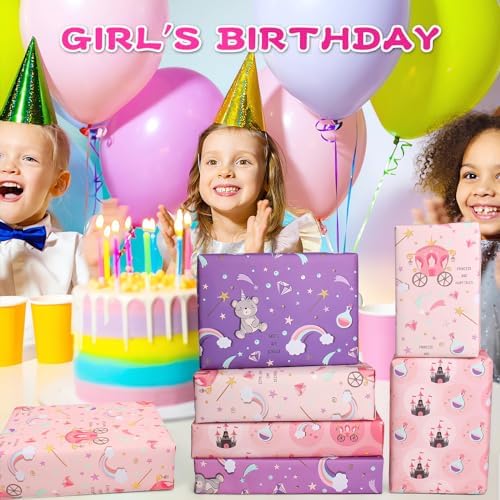 Edunass Wrapping Paper Girls Birthday Wrapping Paper Sheets,Purple Castle Pink Gift Wrapping Paper Set Gift Wrap Birthday Paper(6 Sheets 28" Lx20 W per Sheet)