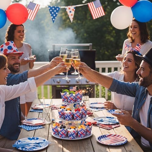 Maxdot 200 Pcs Red Blue Plaid Tulip Cupcake Liners for Baking 4th of July Paper Muffin Baking Cups Patriotic Gingham Tulip Muffin Liners Wrappers for Independence Day Memorial Day Party Supplies