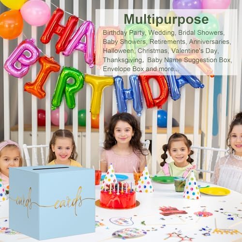 2 Pack Light Blue Card Box with Gold Foil Design, Paperboard 8.7" Card Box for Birthday Wedding Party Graduation Retirement Anniversary Valentine's Day & Baby Showers, Raffle or Money Box
