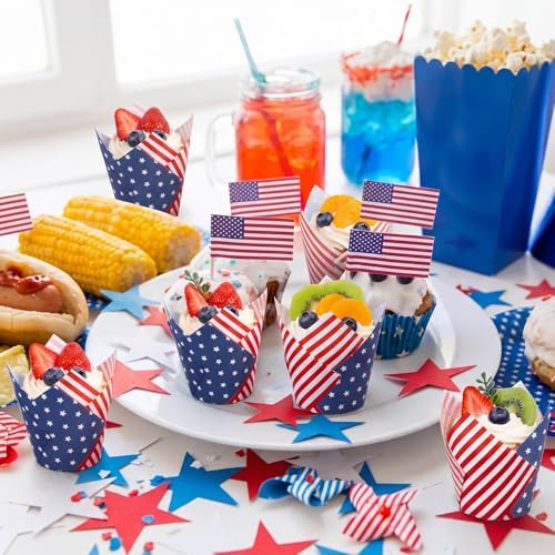 Maxdot 200 Pcs Patriotic Tulip Cupcake Liners for Baking 4th of July Muffin Baking Cups Red Blue White Stars Stripes Tulip Muffin Liners Wrappers for Independence Day Memorial Day Party Supplies
