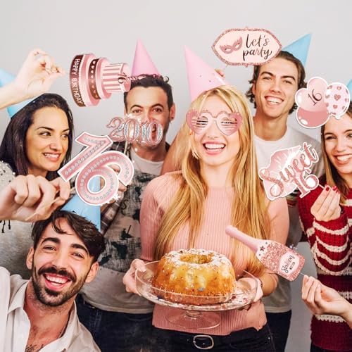 Sweet 16 Party Decorations for Girls, Sweet 16 Photo Booth Props Pink Rose Gold 16th Birthday Selfie Props with Photo Frame Kit Sweet Sixteen Happy Birthday Party Decorations Supplies Favors