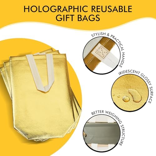 RACETOP Reusable Gold Gift Bags Medium Size 15 Pack with Handles for Party