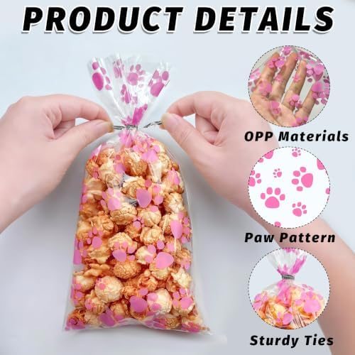 ZYLOP 100 Pcs Pink Dog Treat Bags - 5 x 11 Inch Clear Cellophane Dog Gift Bags with 110 Silver Twist Ties, Paw Print Bags for Pet Treats, Cat Treats, Candy, Cookies & Party Favors