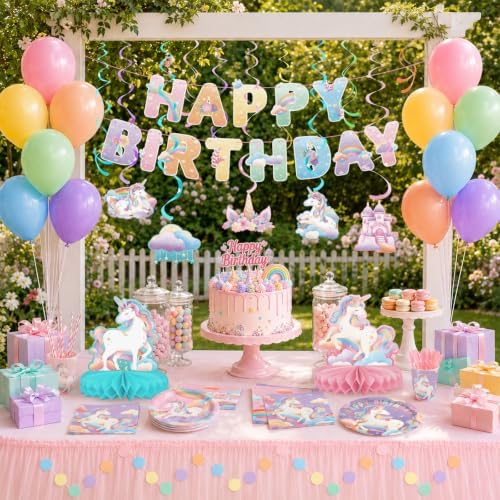 Unicorn Party Decorations Kit, Unicorn Birthday Decorations with Unicorn Birthday Banner, Circle Confetti Garland, Swirl Streamers, Balloons, Honeycomb Centerpiece, Rainbow Birthday Decorations