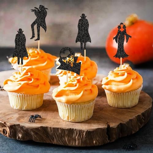 24Pcs Glitter Black Vampire Cupcake Toppers Halloween Cupcake Picks