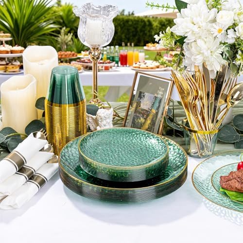 Rubtlamp 700Pcs Green Plastic Plates,Green Gold Plastic Dinnerware Set, Hammered Clear Green Plates with Gold Rim Include 100Dinner Platos,100Cake Platos,100Cups,100Pre Rolled Silverware