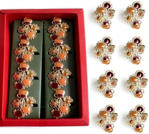 Alloy Enamel Floral Napkin Rings (8-Set Pack) - Plate-Matched Dinner Napkin Holder & Festive Tabletop Topper for Holiday Place Settings