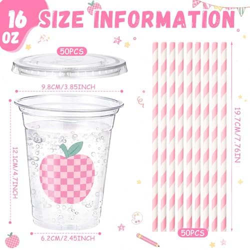 Funnymoom 50 Sets Back to School Apple Disposable Plastic Cups Bulk with Lids Straws 16 oz Checkered Apple Clear Cups First Day of School Party Favors for Classroom Decorations Teacher Party