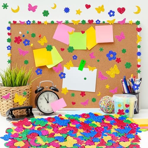 500Pcs Foam Stickers Glitter 3D Spring Foam Shape Stickers,Heart Star Moon