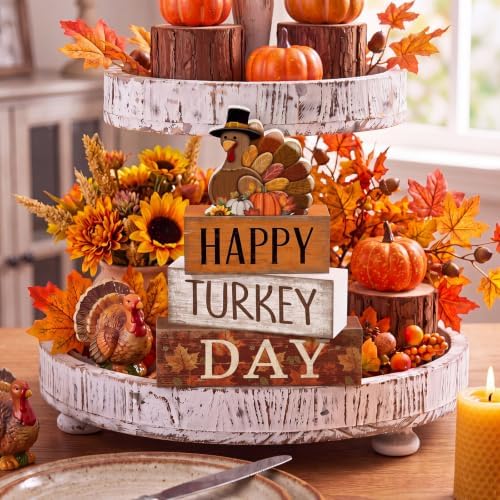 Moucuny 4 Pcs Fall Table Decor Wooden Signs Happy Turkey Day Blocks