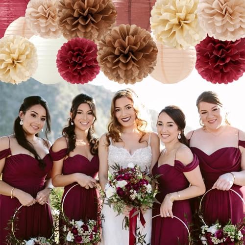 Burgundy-Brown Champagne Party-Decorations Paper-Flowers Lanterns - 15PCS Fall Boho Tissue Pom Poms Streamers,Autumn Rustic Baby Shower Neutral Wedding Birthday Decor Hugfond