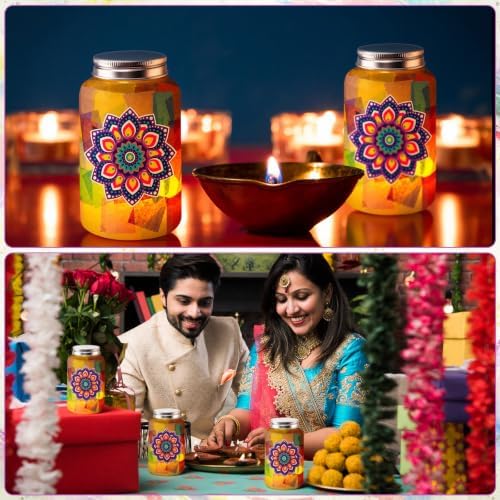 Qinyoung 12 Pcs Mandala Diwali Craft Mason Jars Tissue Paper Craft with LED
