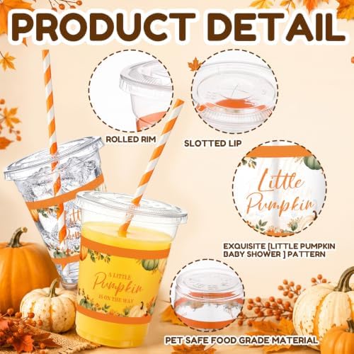 Jingmore 50 Pcs Little Pumpkin Party Disposable Plastic Cups 12 oz with Lids Straws Themed Party Supplies Plastic Tumbler for Birthday Table Decorations Favors(Orange and White)