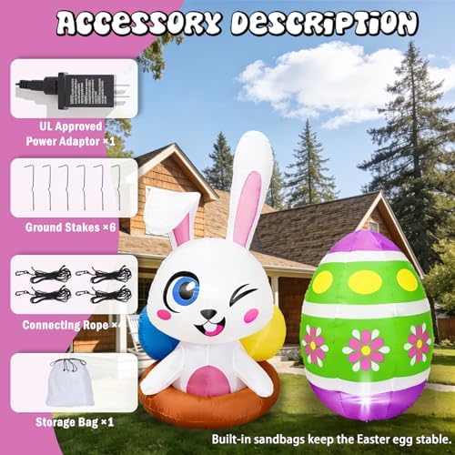 Set of 2PCS, 4FT H Spring Inflatable Bunny and Egg, Outdoor Easter Egg Hunting Sign Decorations, Cute Easter Blow up Winking Bunny & Giant Egg, Yard Decoration with LED Lights for Party Decor