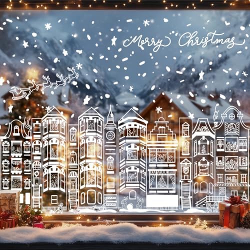 DIYDEC 15.1 * 27.3'' Large Christmas Window Clings 4Pcs Xmas White House Window Stickers for Glass Double Sided Winter Town Decals for Holiday Home Shop Decoration