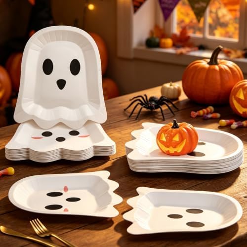 FOIMAS 50 Pcs Halloween Paper Plates, 9.84 Inch Cute Ghost Disposable Plates Spooky Boo Dessert Dinner Plate Tableware for Baby Shower Halloween Party Supplies Birthday Table Decor,White