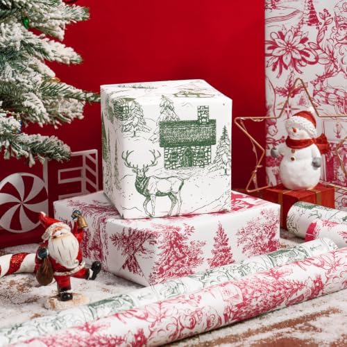 RUSPEPA Kraft Christmas Wrapping Paper Set, Jumbo Roll, Red Green Vintage Toile Santa, Tree, Deer & Winter Scene Design Gift Wrap for Xmas Holiday, Rustic Party, 4 Rolls, 30 Inches x 10 Feet per Roll
