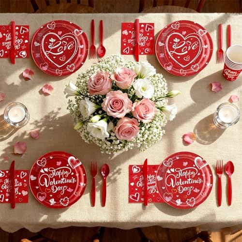 112 PCS Valentines Day Tableware Set Galentine Disposable with Plates, Cups, Napkin, Knives, Forks, Spoons - Valentine’s Day Party Supplies for Wedding,Anniversary, Birthday, Gathering,Serves 16