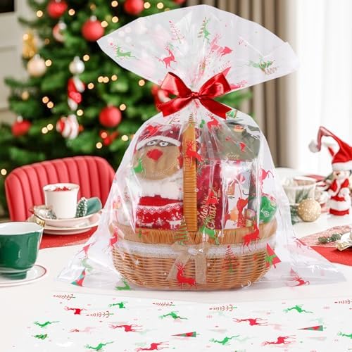 CUDICY Christmas Cellophane Gift Bags 10pcs Large Holiday Gift Wrap 24x30 Inch Clear Gift Basket Wrapping Plastic (Reindeer)