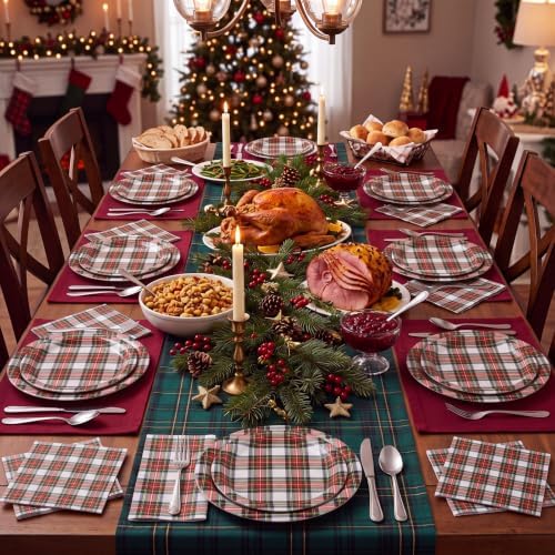 Yungyan 150 Pcs White Tartan Plates Napkins White Serves 50