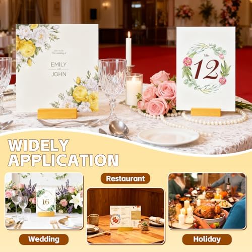 15 Pieces Gold Wood Table Number Stands Wood Place Card Holders Picture Holder Acrylic Sign Holders for Ceremony Birthday Party Home Decoration