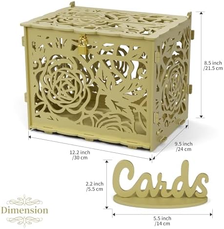 Jolik DIY Wedding Card Box, Large Rustic Locking Money Box Holder for Wedding Reception, Gift Card & Envelope Storage, Anniversary & Birthday Party Decoration, Bridal or Baby Showers (Gold)