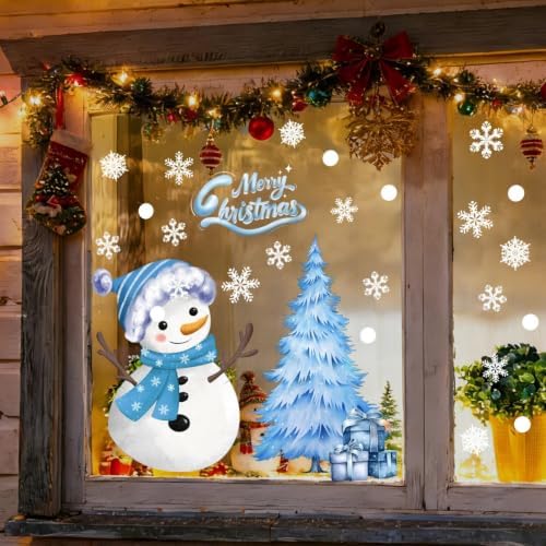 Winter Snowflake Window Clings Merry Christmas Window Stickers Double Sided Cute Snowman Window Decals Reusable Christmas Tree Glass Display Decoration for Home Office Classroom Party