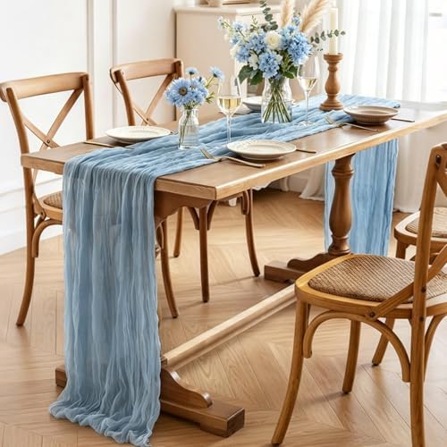 3Pcs Blue Table Runner, 10FT Boho Dust Blue Cheesecloth Table Runners 35*120inch for Wedding Bridal Shower Baby Shower Table Centerpiece Decorations