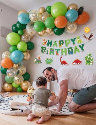Dinosaur Balloon Arch Garland Kit, 144PCS Dinosaur Birthday Party Decorations with Dino Banner & Happy Birthday Banner, Jungle Balloons for Kids Boys Dino Jungle Safari Birthday Baby Shower Party