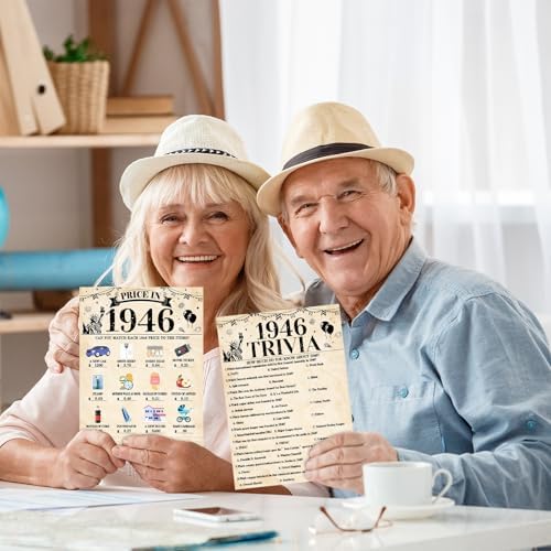 70Pcs 80th Birthday Party Games Born In 1946 Fun 1946 Trivia Music Slang Books Game Double-Sided Game Cards Vintage 80th Birthday Party Supplies for 80 Year Old Activity Anniversary Class Reunion