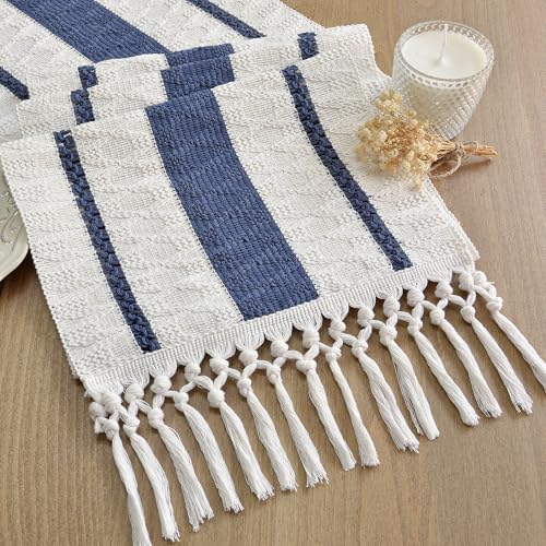 FEXIA Boho Table Runner with Tassels for Fall Home Decor 12x72 Blue Decor