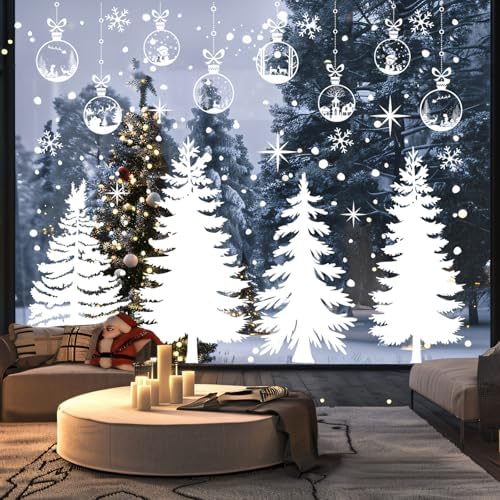 JarThenaAMCS 13.8 * 35.4'' Extra Large Winter Christmas Window Clings 4 Sheets White Xmas Tree Ball Window Stickers Double-Sided Glass Decals for Home Classroom Office Party Decoration