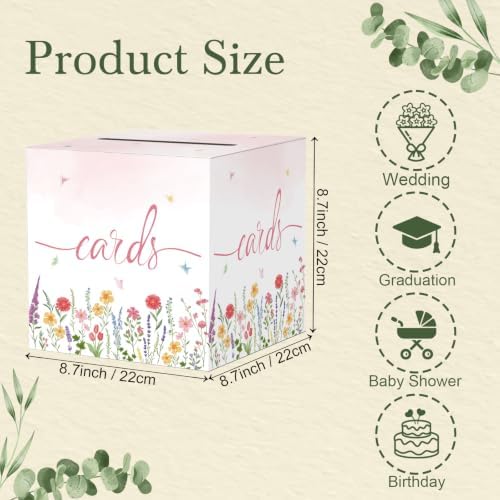Watercolor Wildflower Wedding Card Box, Paperboard 8.7" Card Box for Party Graduation Birthday Wedding Bridal or Baby Showers Retirement Anniversary Valentine's Day