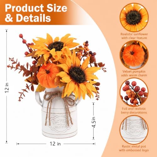 Fall Thanksgiving Centerpieces for Dinner Tables, Faux Floral Metal Potted Plants with Maple Leaf Pumpkin Berry Stems, for Indoor Kitchen Home Autumn Farmhouse Mantel Decor