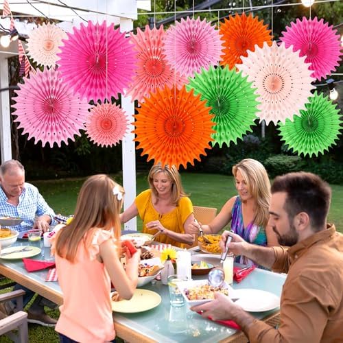 BestoFun 12 PCS Paper Fans Red Green Pink Party Decorations Tissue Paper Flowers Decorations for Girl Groovy Birthday Baby Shower Wedding Bachelorette Room Wall Hanging Décor