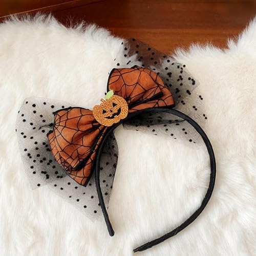 Halloween Headbands with Pumpkin and Spider Web, 2 Pack Orange and Purple Headband with Big Bow, Hairbands Hair Hoop Halloween Spooky Hair Accessories for Women Girls Kids