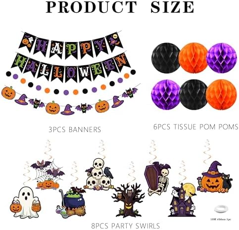 17 Pcs Halloween Party Decorations Indoor, Purple Orange Black Happy Halloween Banner Tissue Pom Poms Hanging Swirls, Spooky Cute Room Ceiling Wall Decor Supplies