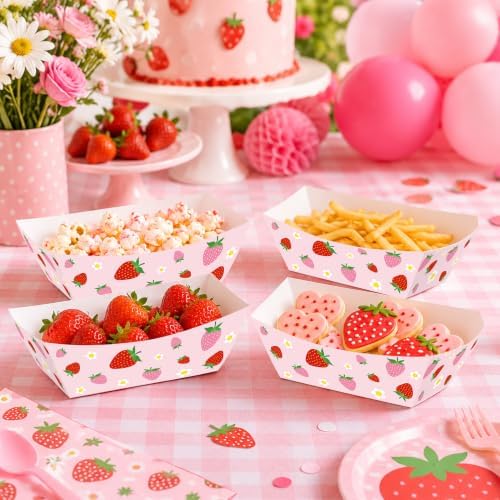 100 Pcs Strawberry Paper Food Trays, Pre-Folded Disposable Food Boats for Cookies, Cupcakes, Popcorn, Candy, Snacks, Strawberry Birthday, Baby Shower, Bridal Shower Party Supplies