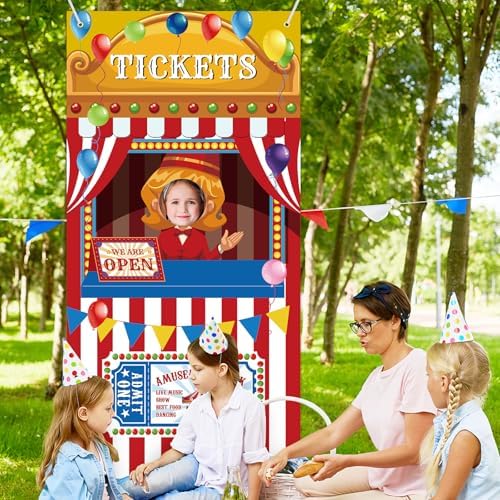 73 x 36 Inches Carnival Ticket Booth Banner Door Cover – Amusement Park Photo Booth Backdrop with Balloons, Striped Tent and “We Are Open” Sign, Movie Theater Theme Party Decorations for Kids Birthday