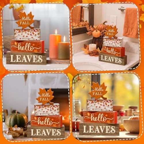 Moucuny 4 Pcs Fall Table Decorations for Home, Maple Leaf Wooden Sign Set
